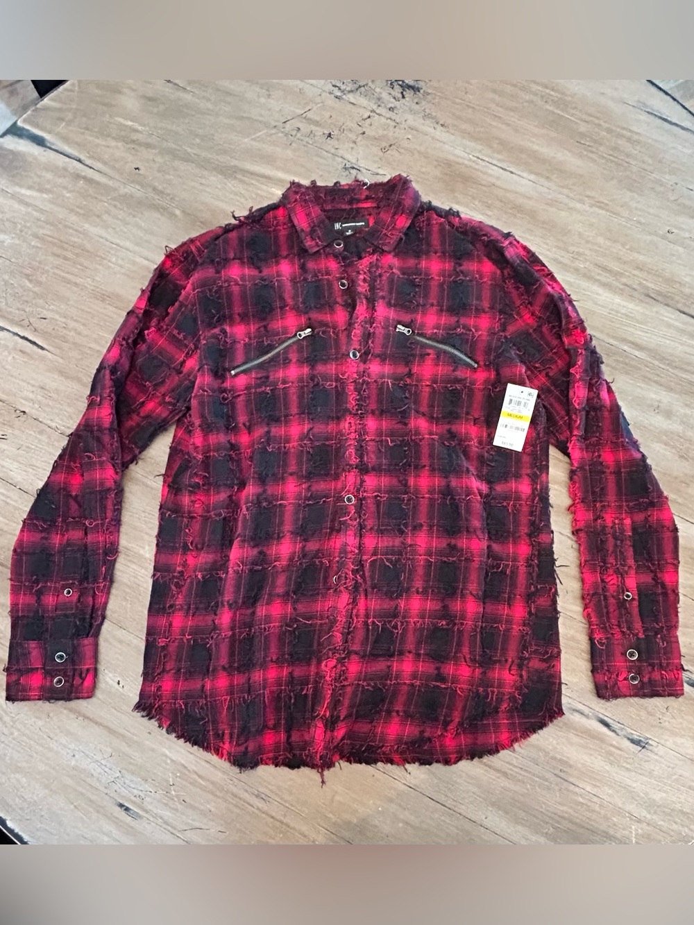 INC International Concepts Red and Black Plaid Frayed Button-Down Shirt